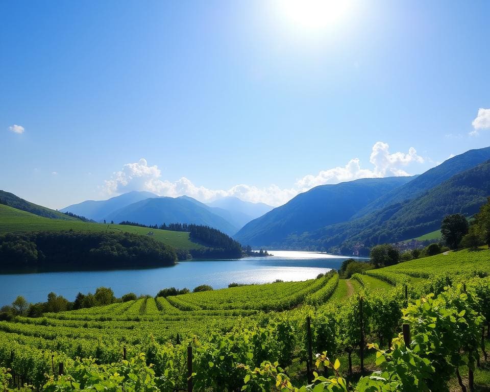 Lurtigen: Aussicht auf den Murtensee und Weinberge