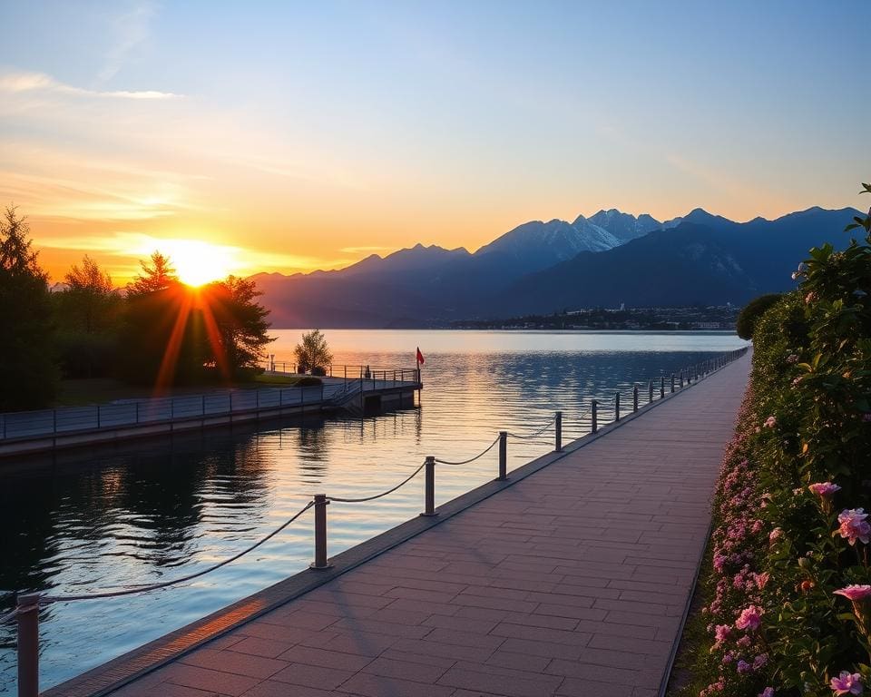 Zugerseepromenade mit Blick auf die Alpen