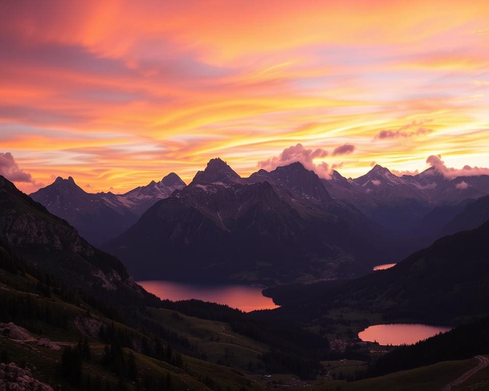 Alpine Landschaften bei Sonnenuntergang